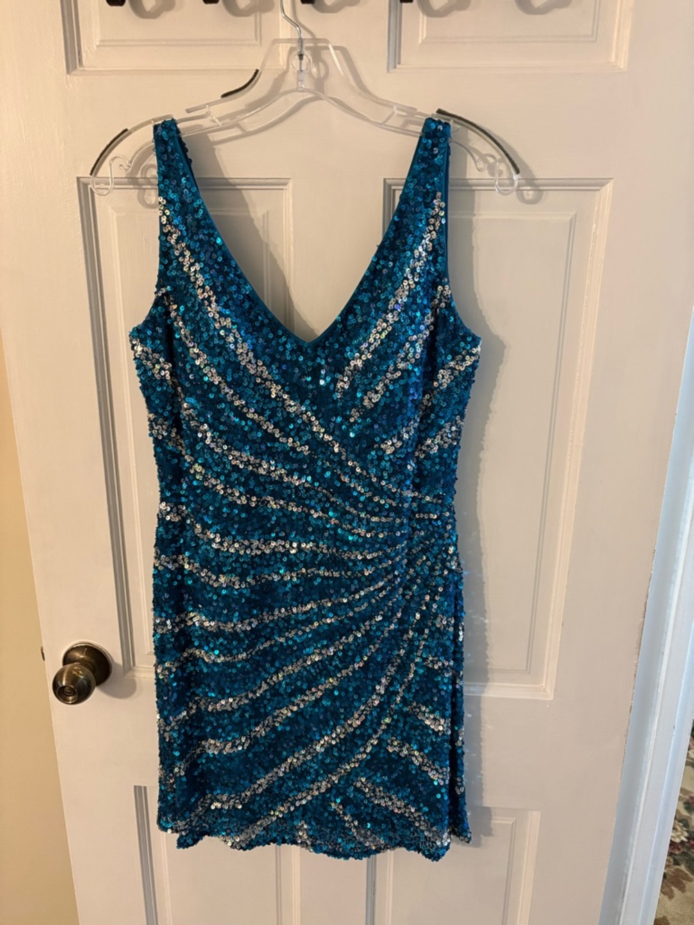 Sleeveless Teal Sequin V-Neck Dress